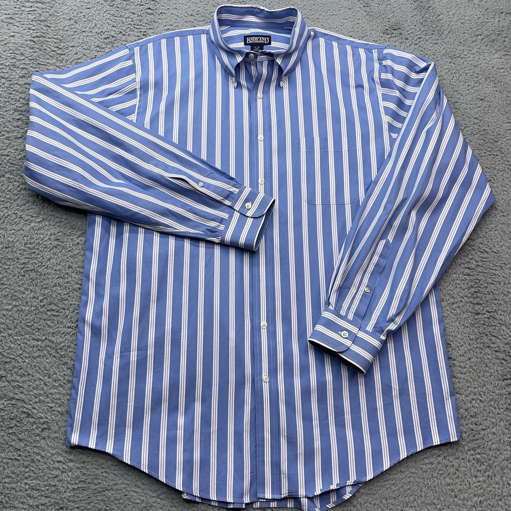 Lands End Striped Shirt‎ Mens XL Tall 17-37 Blue Vintage 90s Classic Button Up
